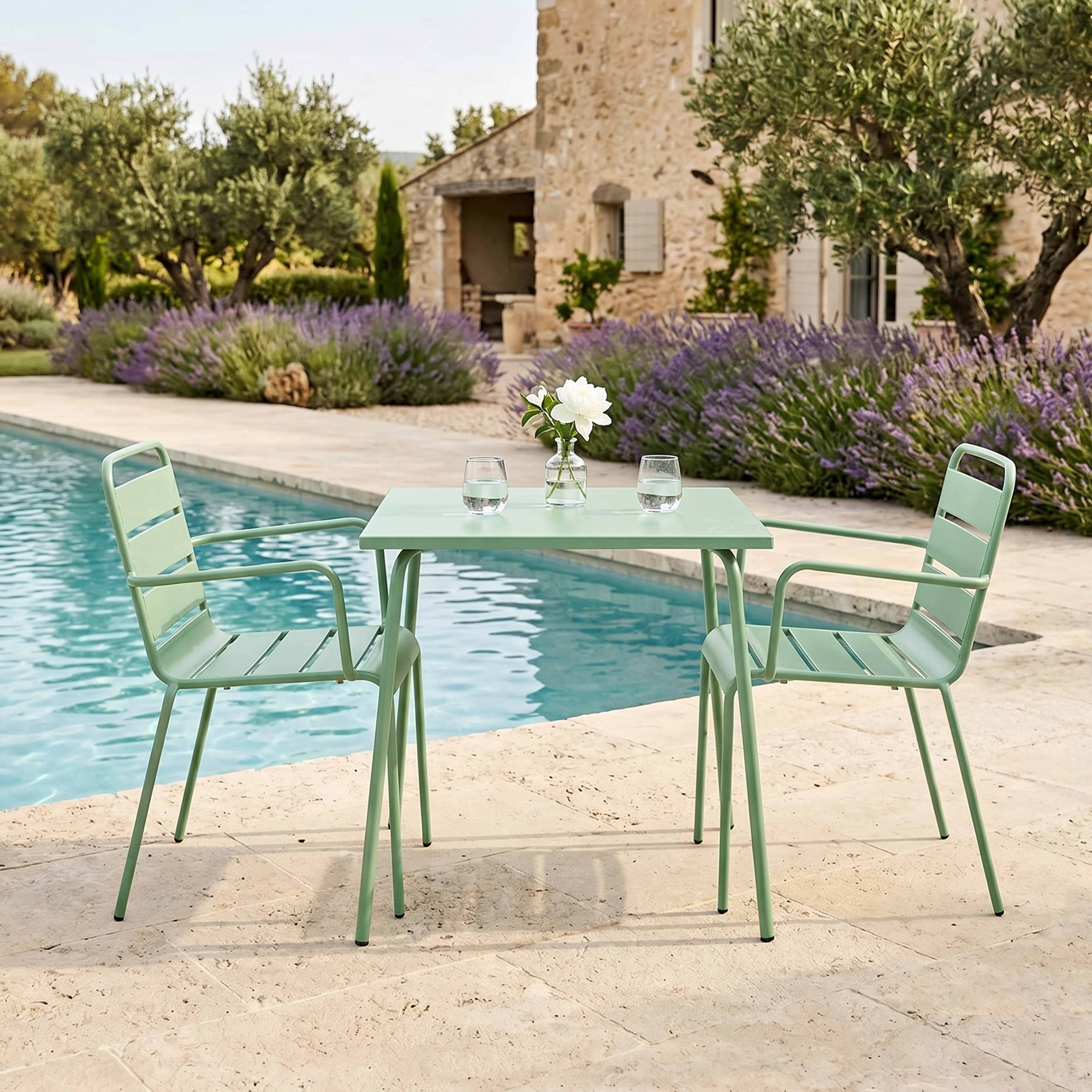 Oviala - Ensemble table de jardin carrée et 2 fauteuils acier vert sauge Palavas - Oviala - Imagen 2