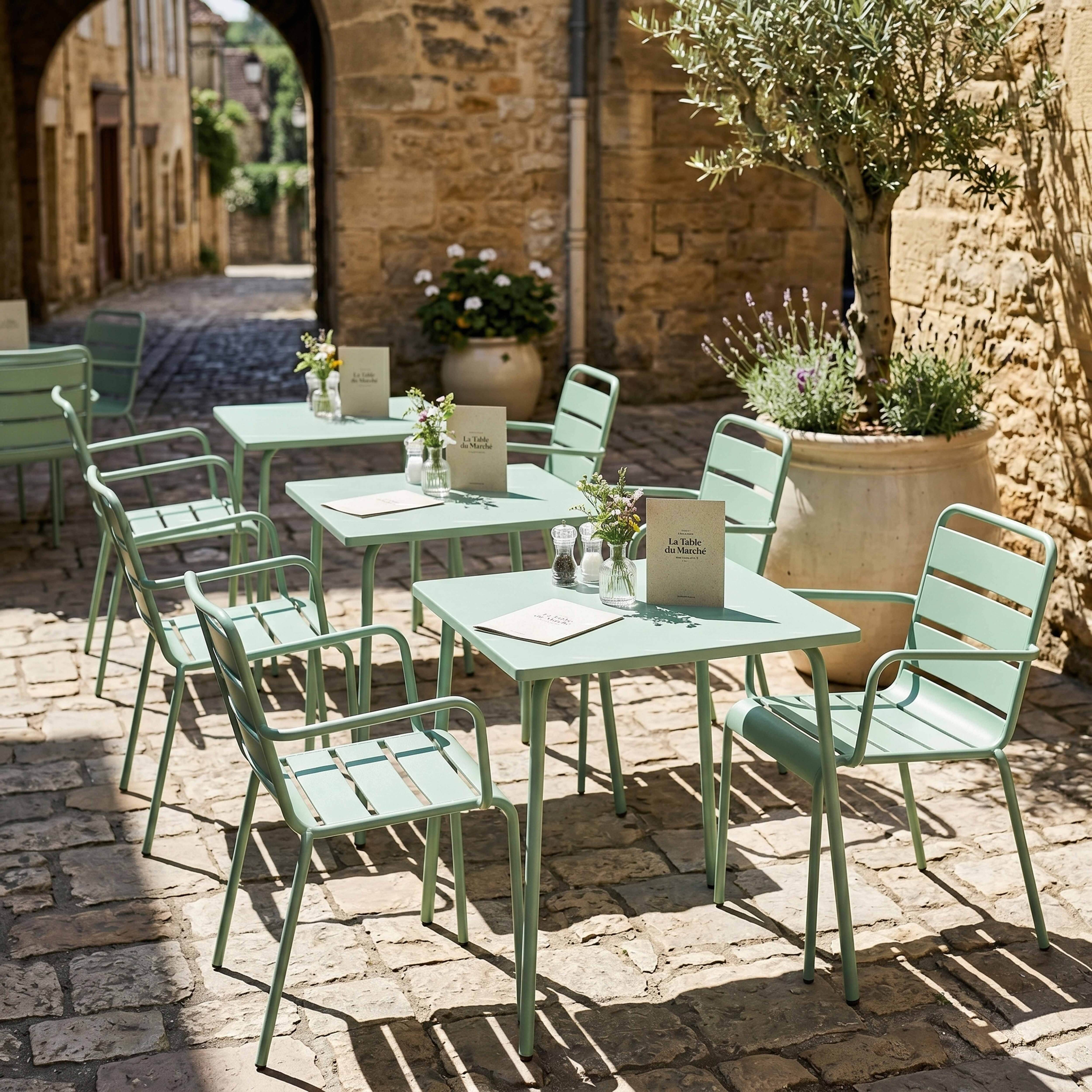 Oviala - Ensemble table de jardin carrée et 2 fauteuils acier vert sauge Palavas - Oviala - Imagen 4