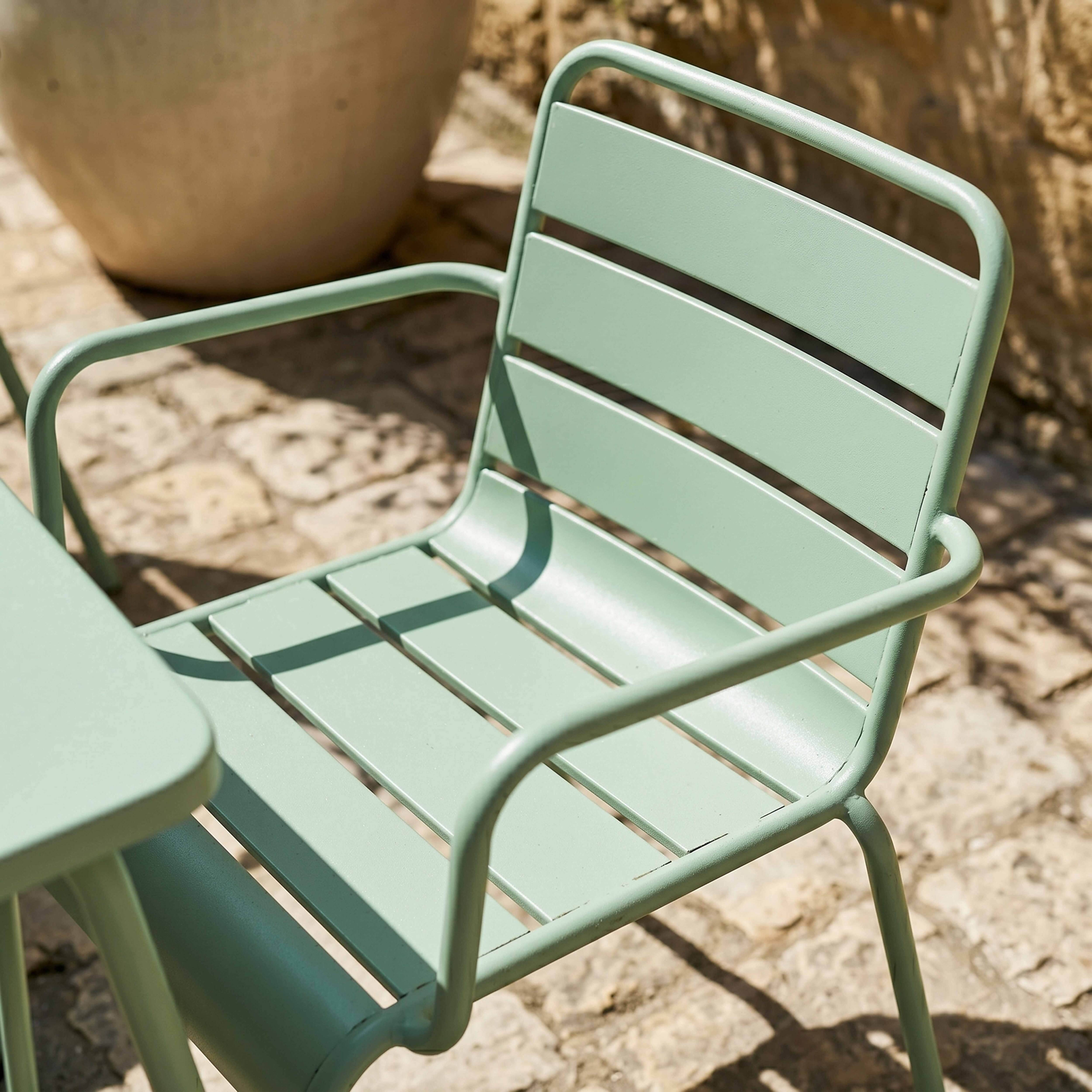Oviala - Ensemble table de jardin carrée et 2 fauteuils acier vert sauge Palavas - Oviala - Imagen 5