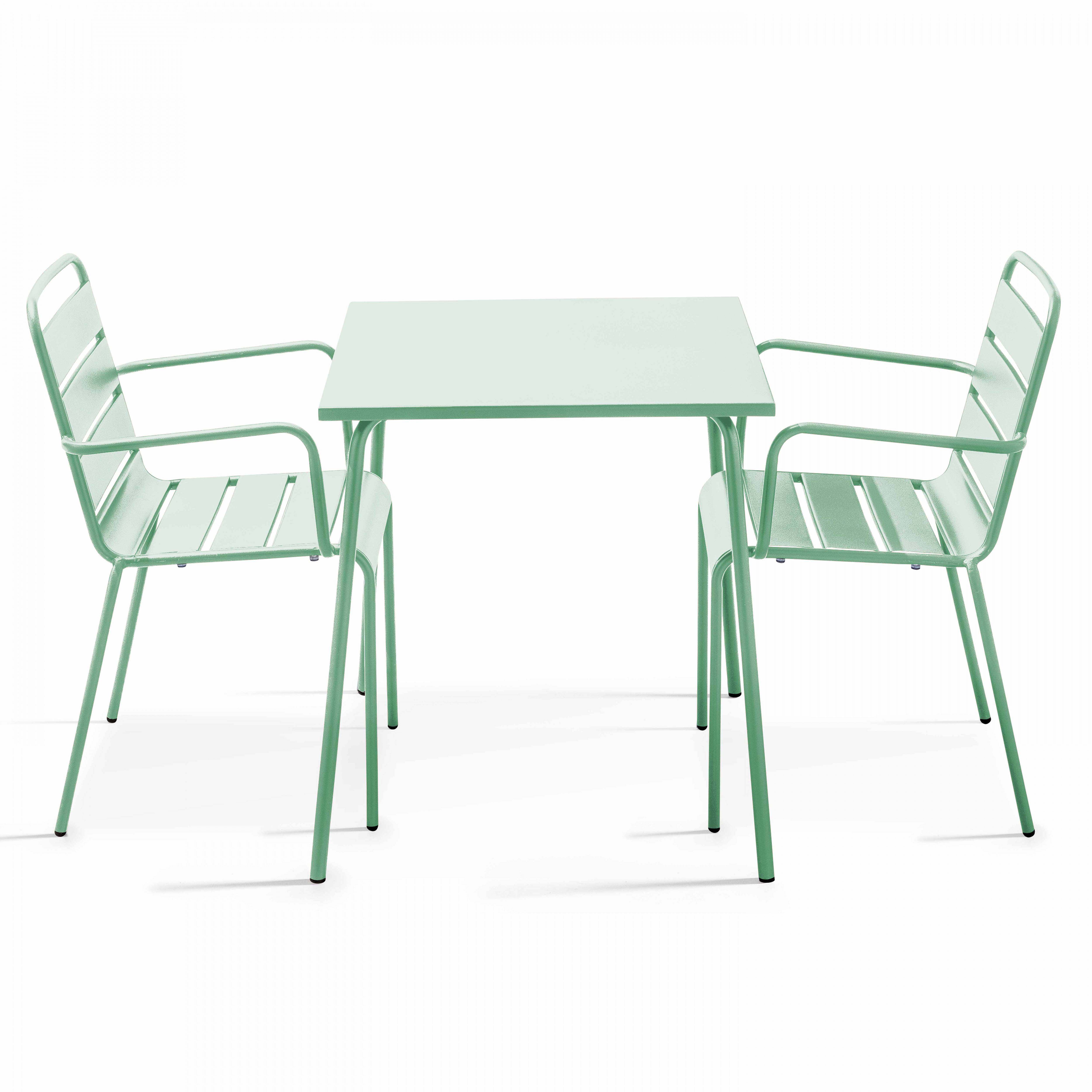 Oviala - Ensemble table de jardin carrée et 2 fauteuils acier vert sauge Palavas - Oviala - Imagen 1
