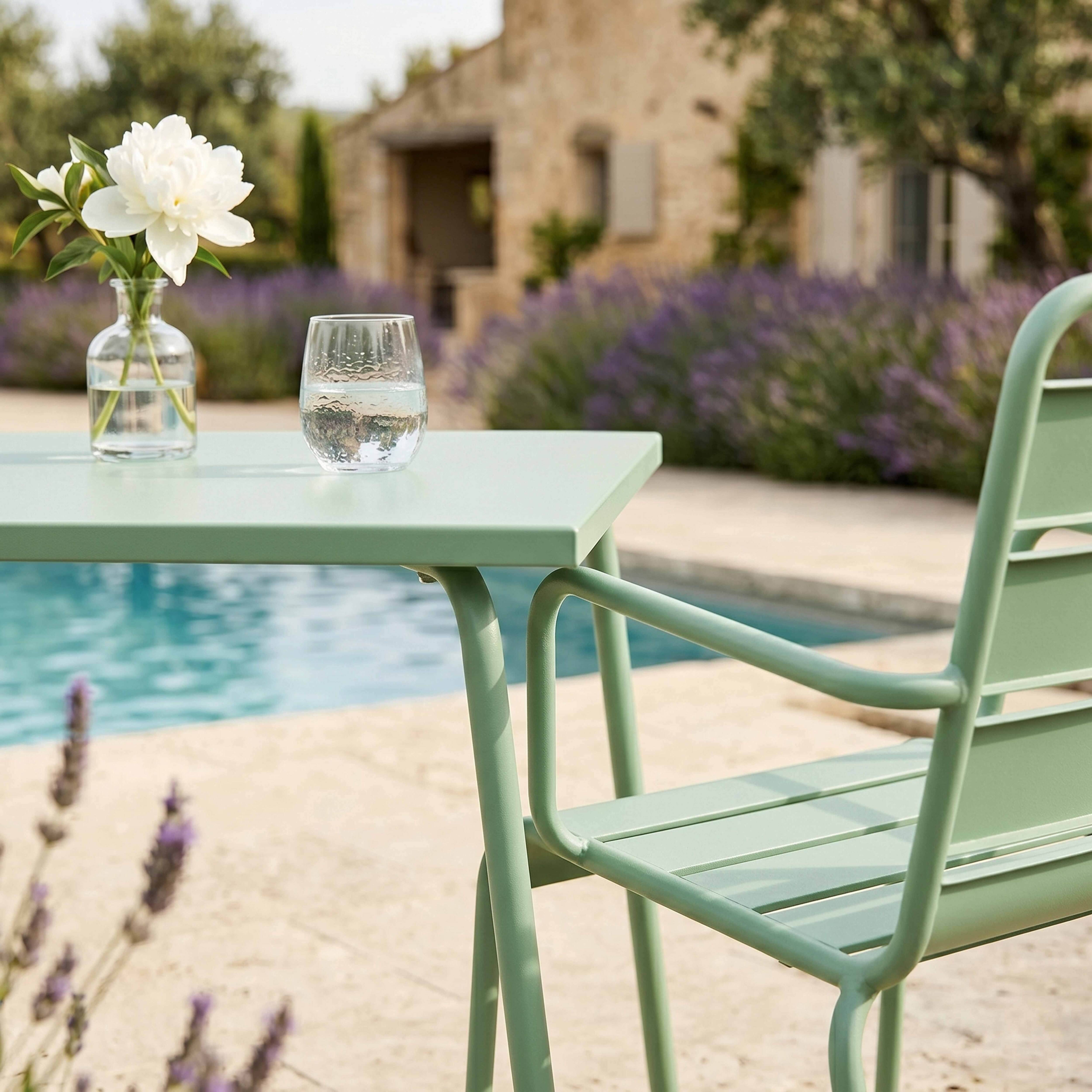 Oviala - Ensemble table de jardin carrée et 2 fauteuils acier vert sauge Palavas - Oviala - Imagen 3