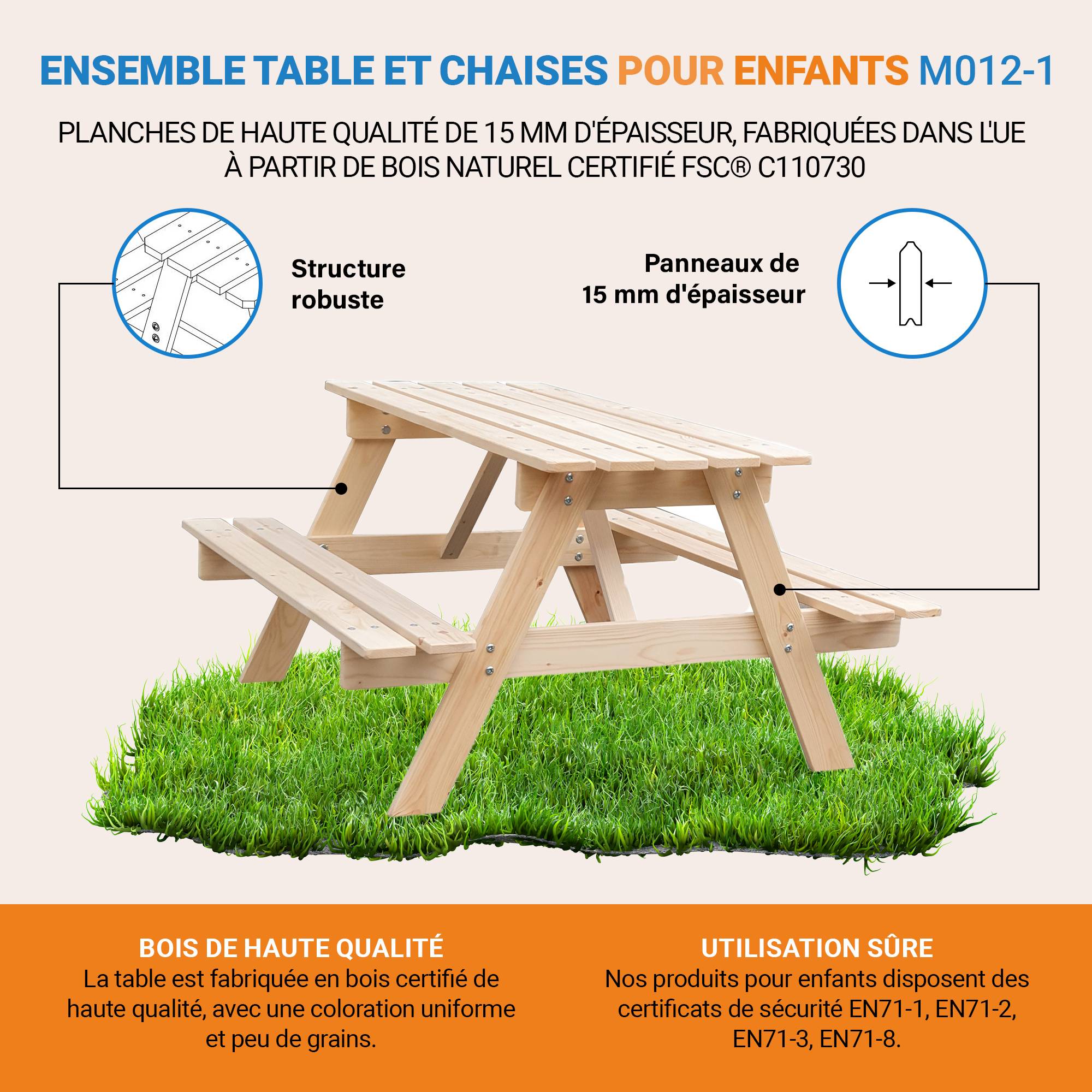 Timbela - Table Enfant en bois 81x60xH50 cm - Table et Chaise Enfant - Pour l'extérieur ou à l'intérieur - 15 mm d’épaisseur - Timbela M012-1 - Imagen 8