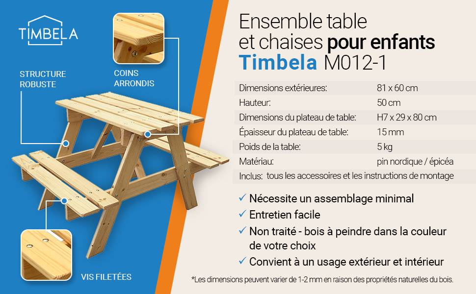 Timbela - Table Enfant en bois 81x60xH50 cm - Table et Chaise Enfant - Pour l'extérieur ou à l'intérieur - 15 mm d’épaisseur - Timbela M012-1 - Imagen 9