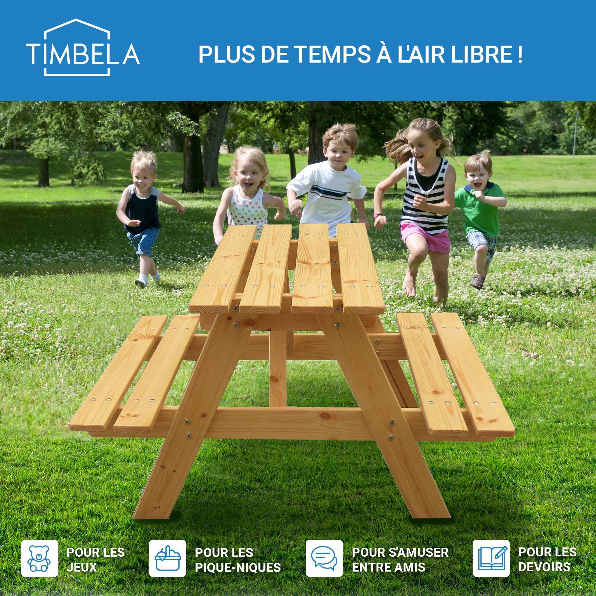 Timbela - Table Enfant en bois 81x60xH50 cm - Table et Chaise Enfant - Pour l'extérieur ou à l'intérieur - 15 mm d’épaisseur - Timbela M012-1 - Imagen 7
