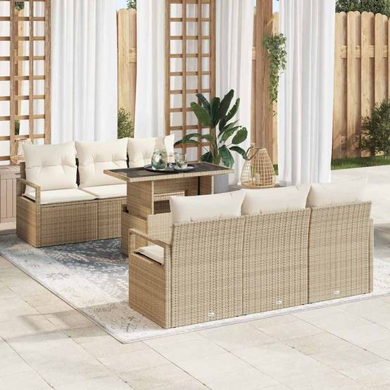 Salon Bas 7 Pièces Résine Tressée Beige Naturel Parfait pour Espace Vert et Moments de Détente – ComfortXL Outdoor Living - Image 1
