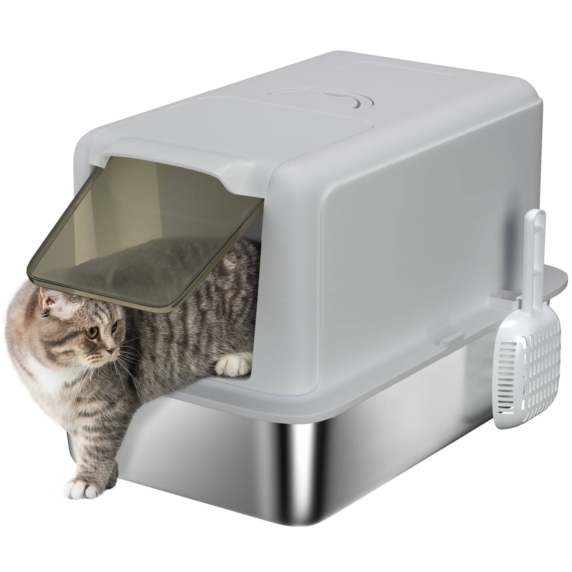 Bac à litière pour chat, plateau en acier inoxydable, filtre, pelle, pour chats jusqu'à 6 kg, 40,5 x 60,5 x 41,5 cm, gris/argent - Image 1