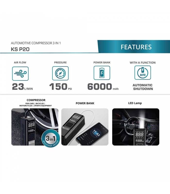 Mini compresseur à batterie 120W, 10 bars, Manomètre digital - Könner  Söhnen KS P20 - Image 3