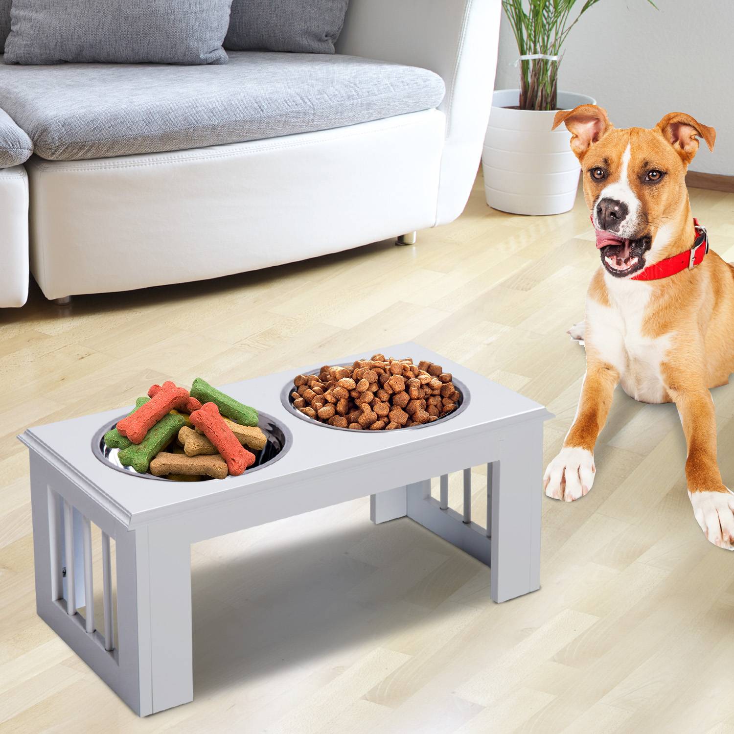 PANGIVO - Support de gamelles pour chien MDF blanc 58.4 x 30.5 x 25.4 cm - PANGIVO - Image 3