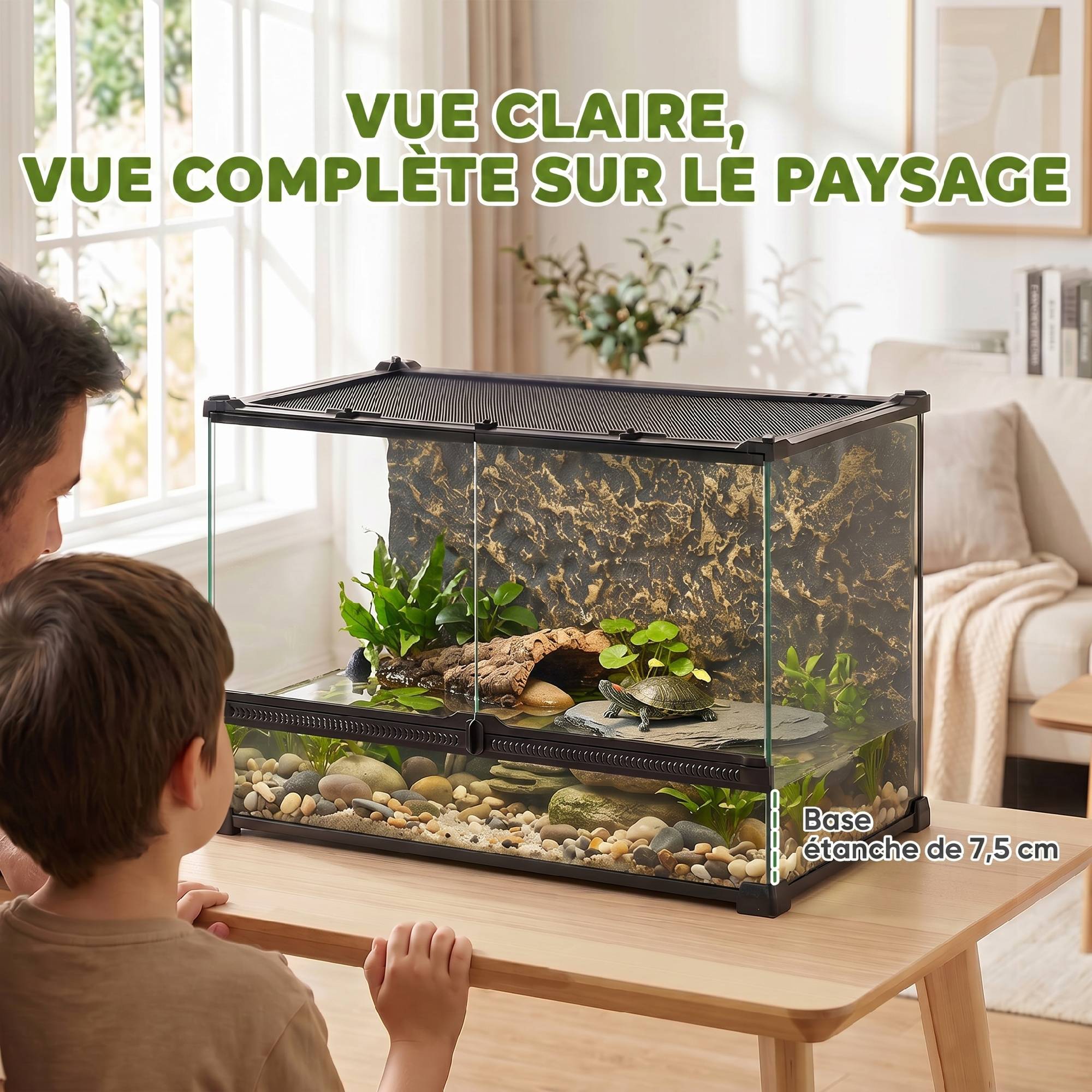 ComfortXL - Terrarium pour reptiles en verre trempé 50 x 30 x 35 cm noir avec fond rocheux ventilation et fermeture sécurisée - Image 7