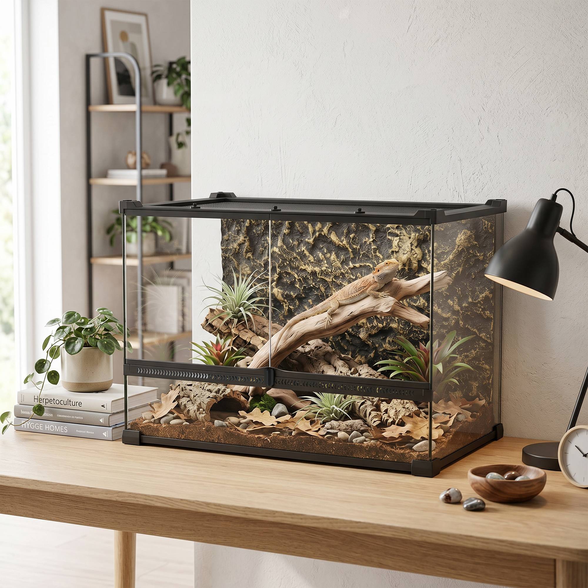 ComfortXL - Terrarium pour reptiles en verre trempé 50 x 30 x 35 cm noir avec fond rocheux ventilation et fermeture sécurisée - Image 8