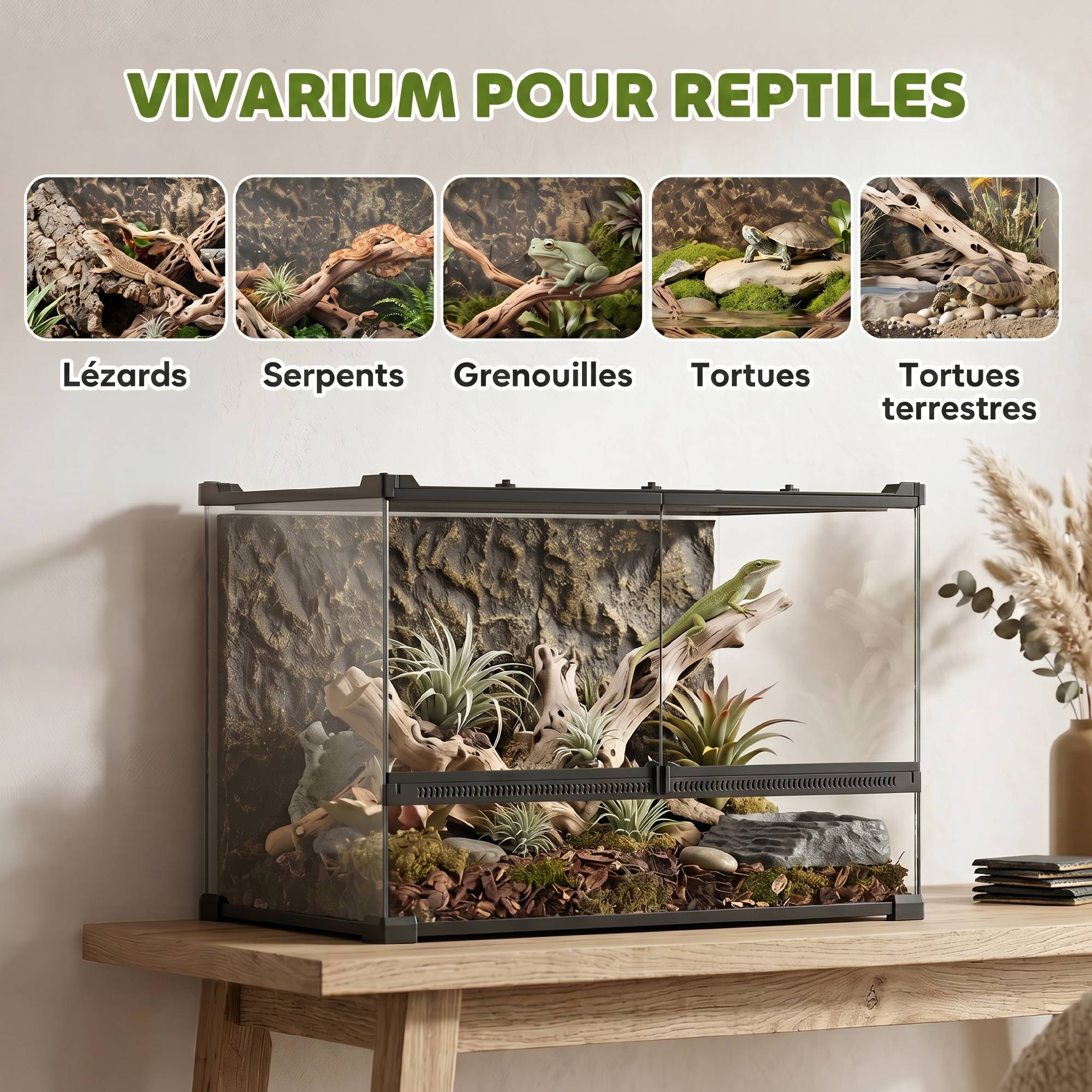 ComfortXL - Terrarium pour reptiles en verre trempé 50 x 30 x 35 cm noir avec fond rocheux ventilation et fermeture sécurisée - Image 4