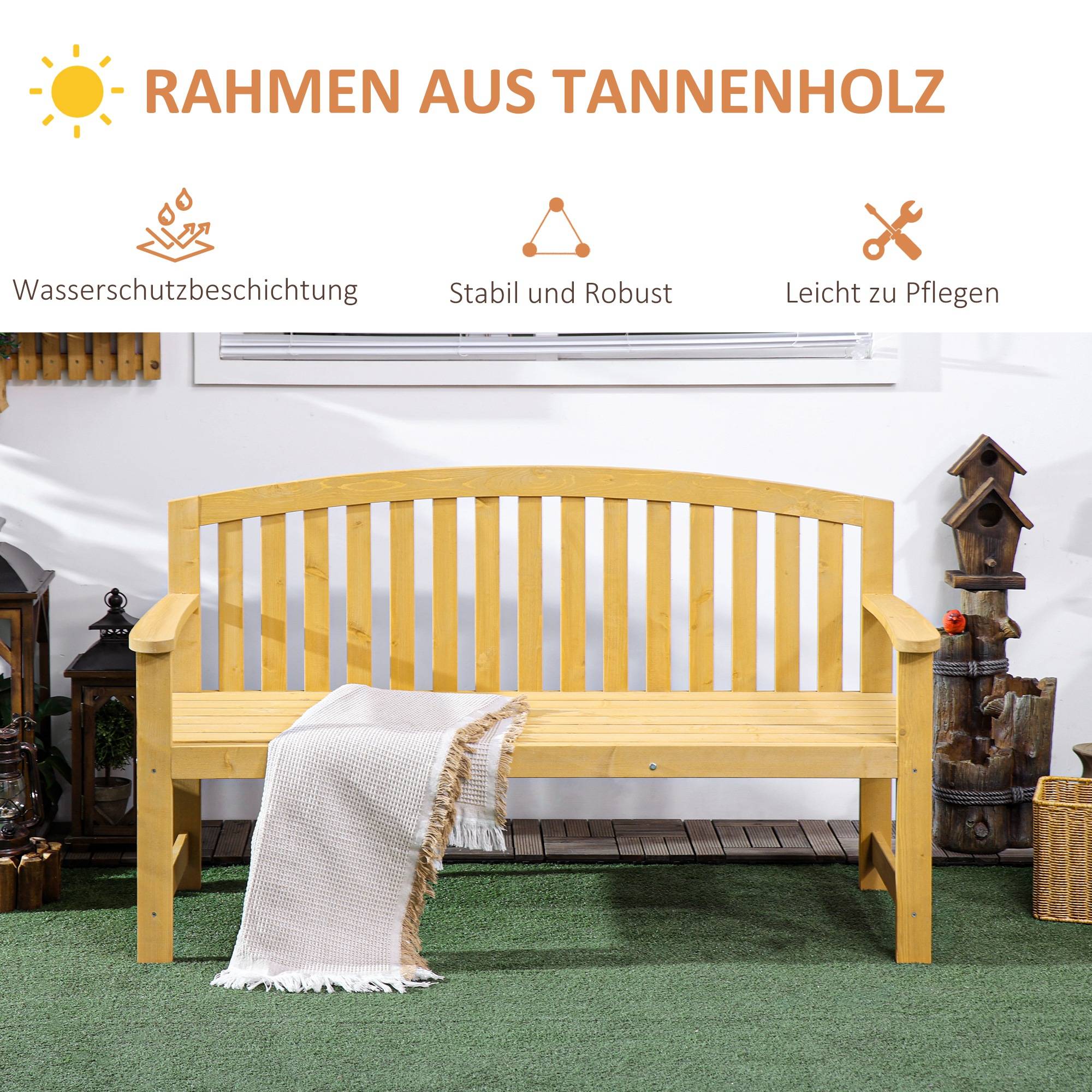 Banc de jardin 2 places en bois résistant aux UV, capacité 240 kg, 140 x 50 x 85 cm, Orange, meuble extérieur durable - Image 5