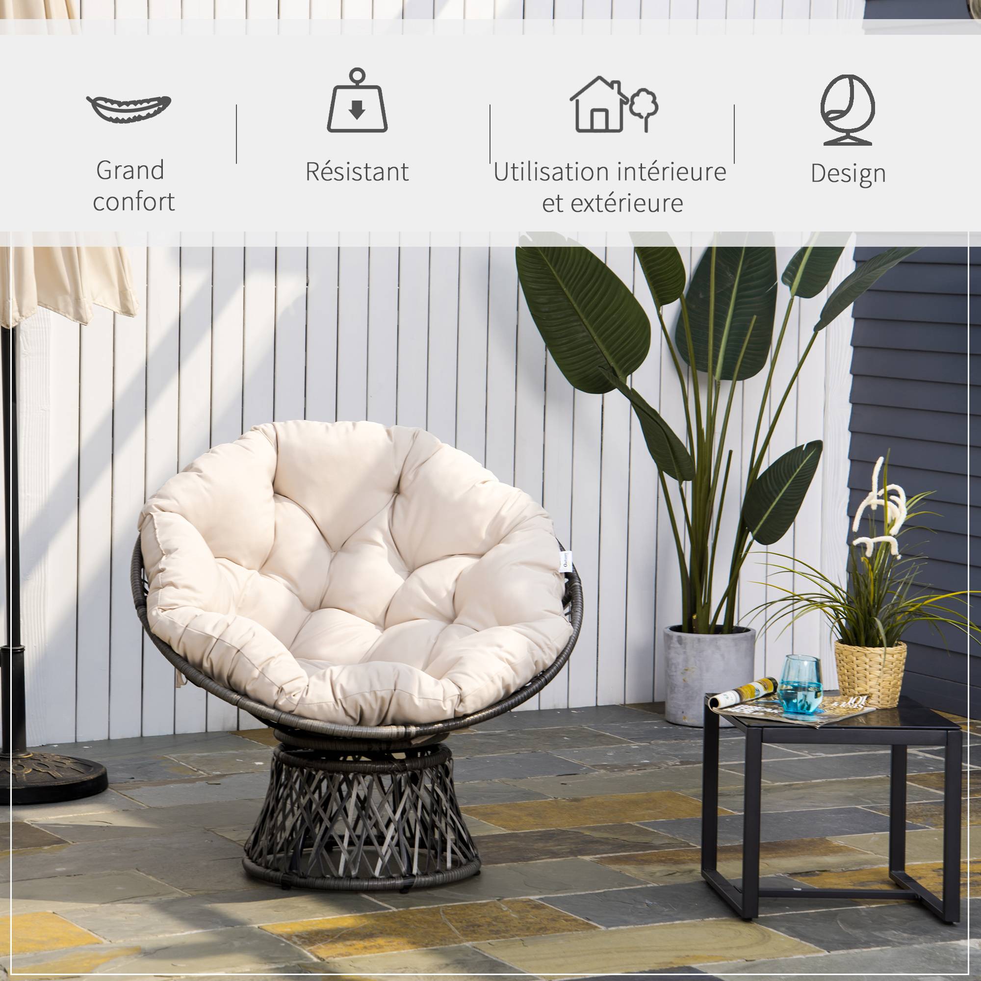 Fauteuil de jardin papasan pivotant résine tressée crème 97 x 87 x 90 cm - PANGIVO - Image 6