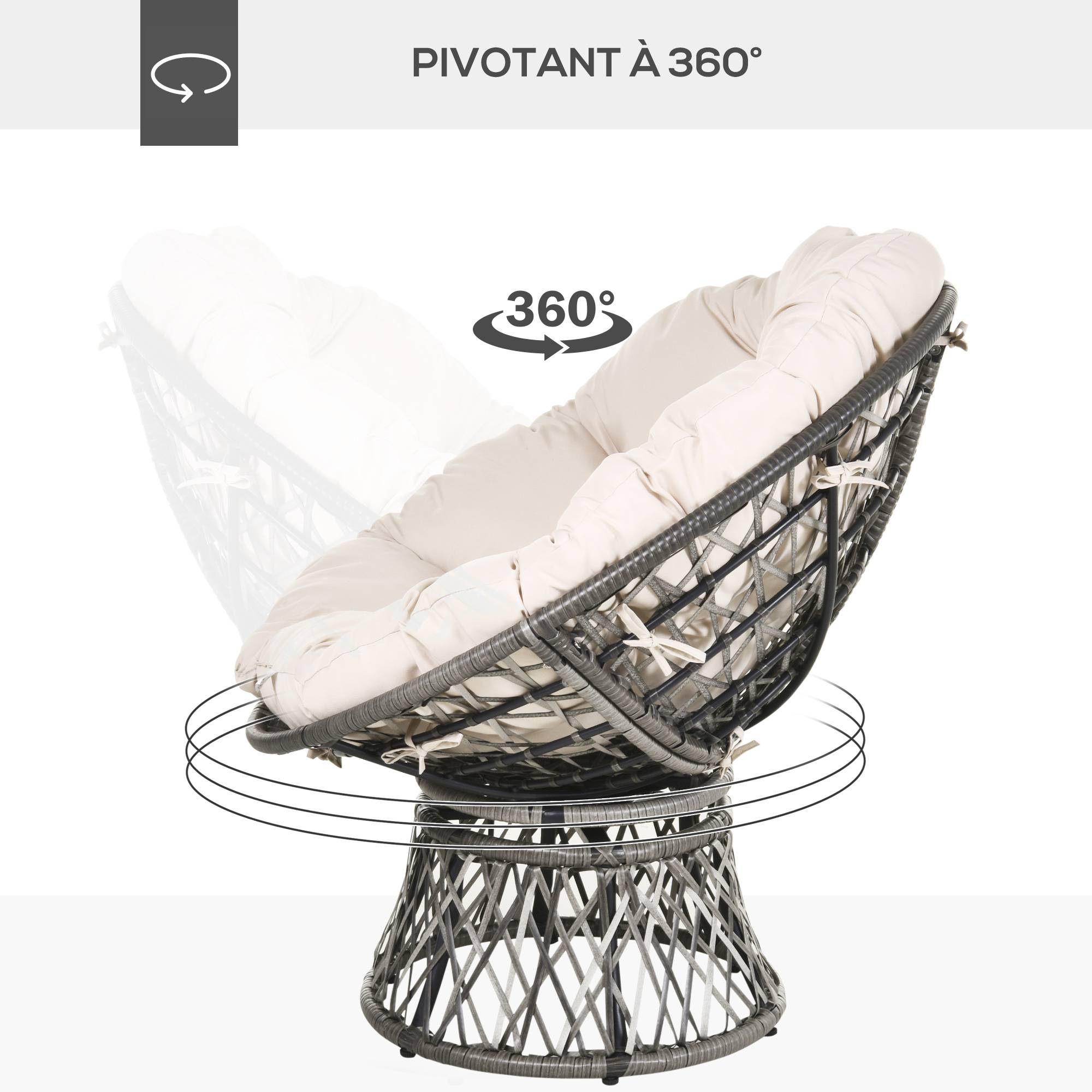 Fauteuil de jardin papasan pivotant résine tressée crème 97 x 87 x 90 cm - PANGIVO - Image 7