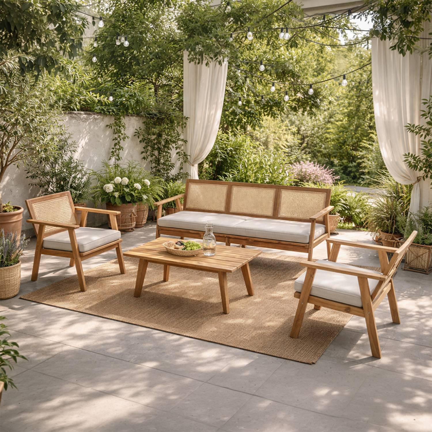Salon de jardin 5 places en acacia et cannage HANOI - Image 2