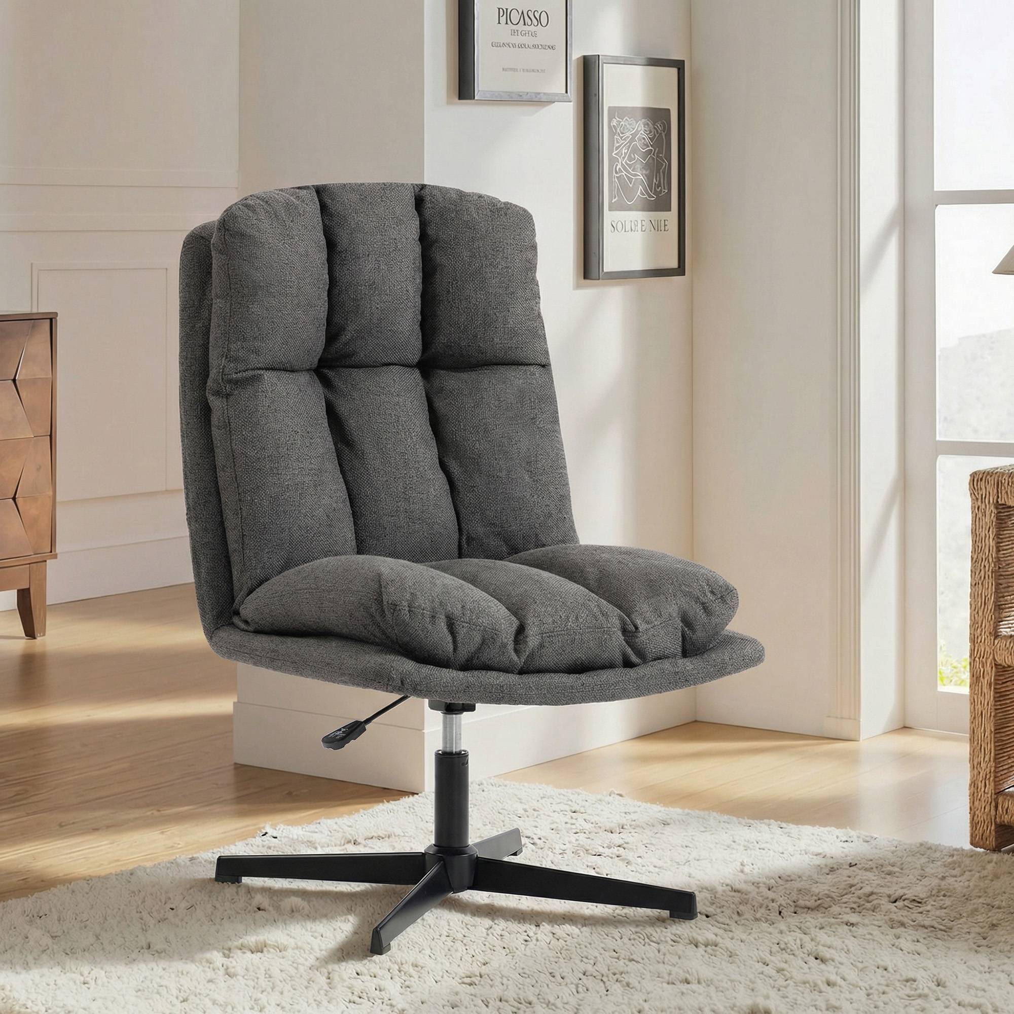 Fauteuil pivotant d'appoint, fauteuil de lecture en tissu aspect lin sans accoudoirs, avec une assise large et des pieds en métal, gris foncé - Image 4