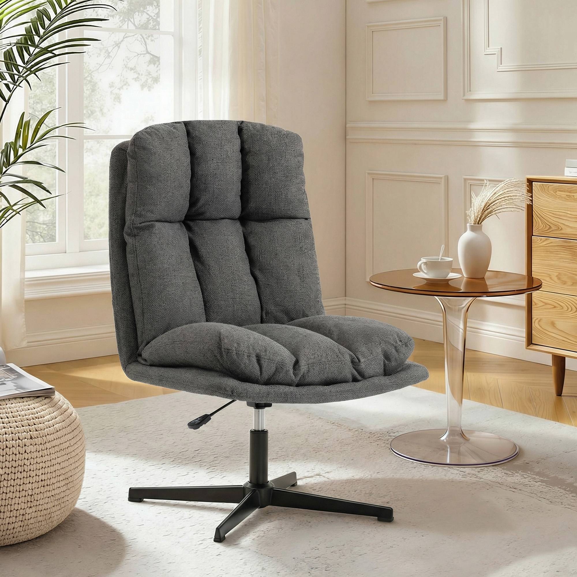 Fauteuil pivotant d'appoint, fauteuil de lecture en tissu aspect lin sans accoudoirs, avec une assise large et des pieds en métal, gris foncé - Image 3