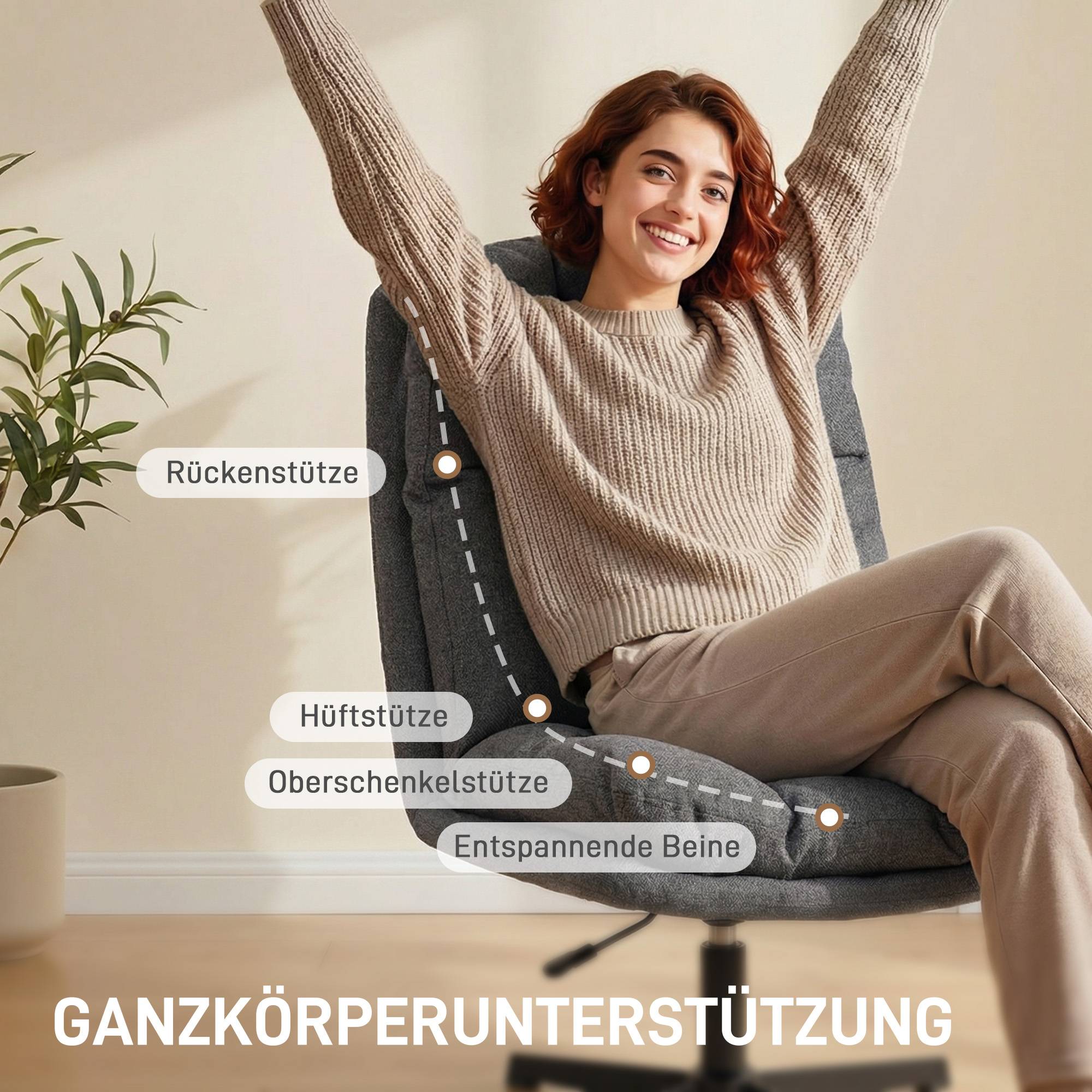 Fauteuil pivotant d'appoint, fauteuil de lecture en tissu aspect lin sans accoudoirs, avec une assise large et des pieds en métal, gris foncé - Image 9