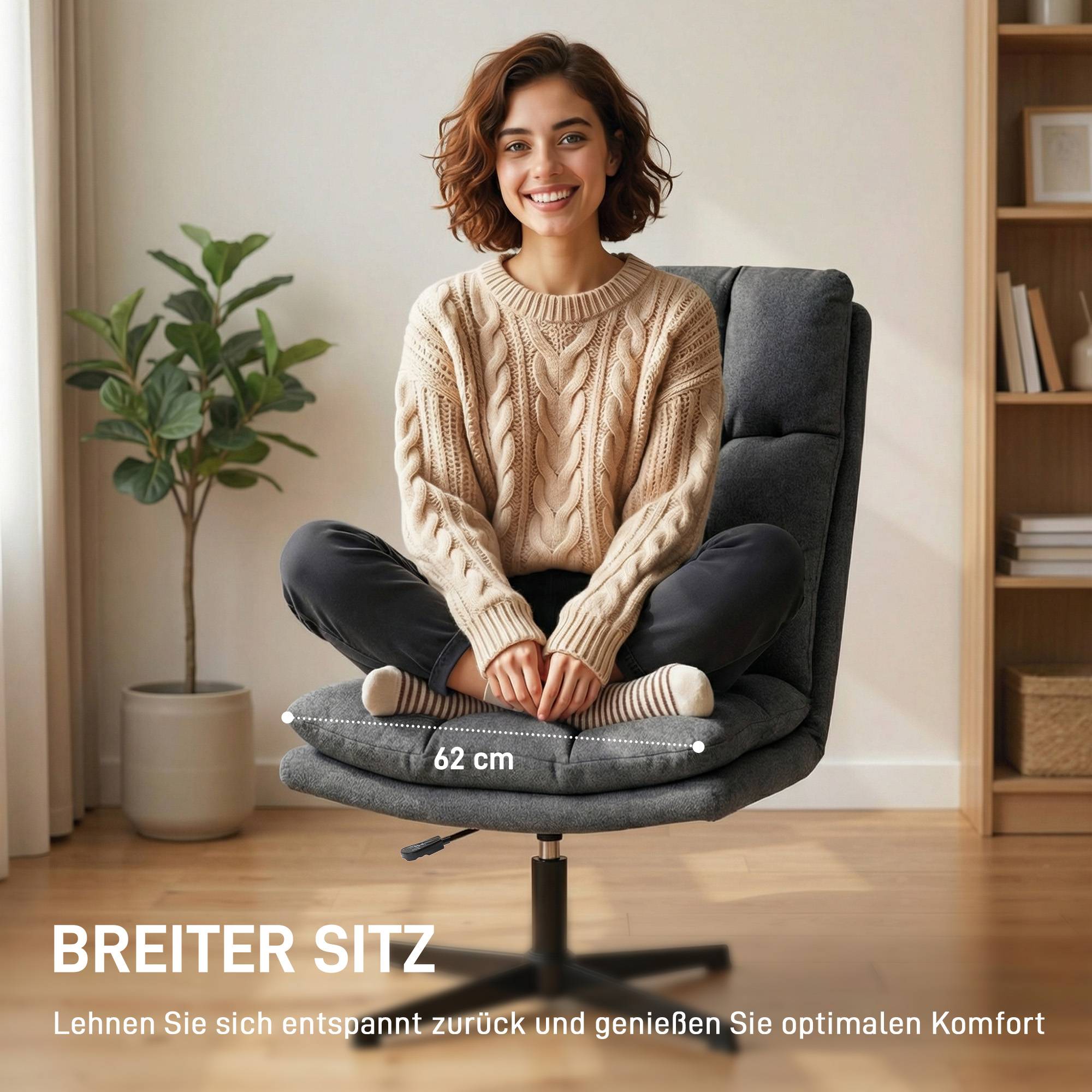 Fauteuil pivotant d'appoint, fauteuil de lecture en tissu aspect lin sans accoudoirs, avec une assise large et des pieds en métal, gris foncé - Image 6
