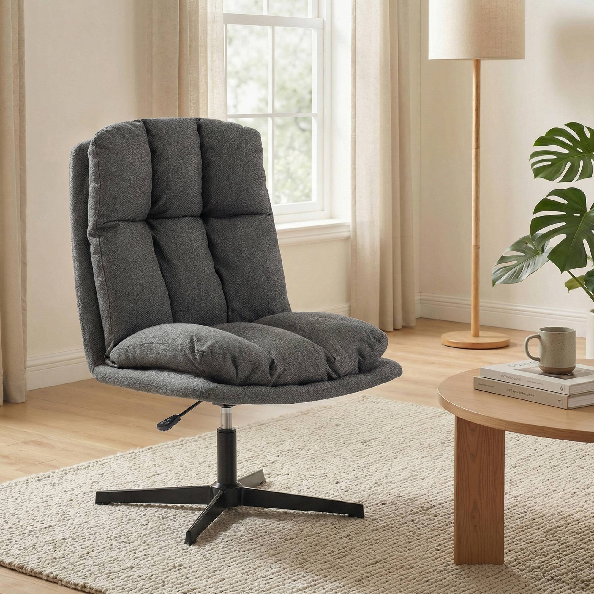Fauteuil pivotant d'appoint, fauteuil de lecture en tissu aspect lin sans accoudoirs, avec une assise large et des pieds en métal, gris foncé - Image 10