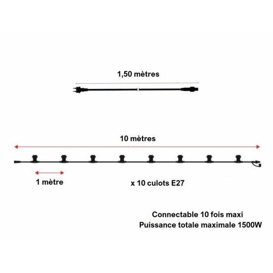 Guirlande guinguette extérieure IP65 10M 10 ampoules 2W plastique blanc chaud 2700K LED câble plat noir extensible PRO - Image 4