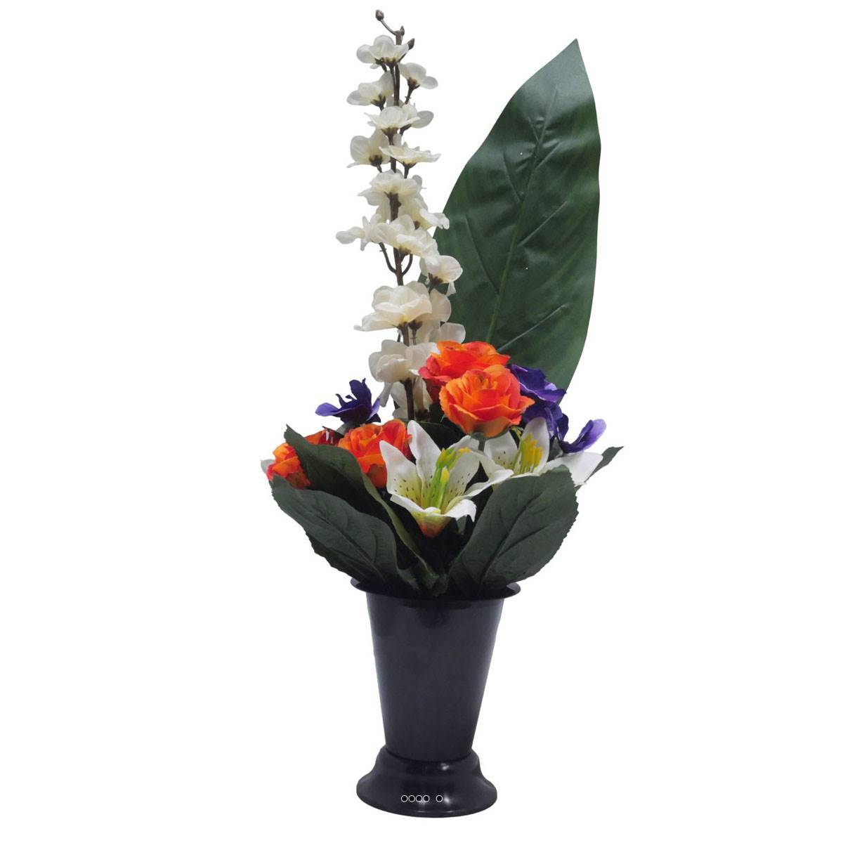 Artificielles - Pot Cone de fleurs artificielles de Rose, Lys, pensée, Delphinium Orange - Toussaint - couleur: Orange - Imagen 1