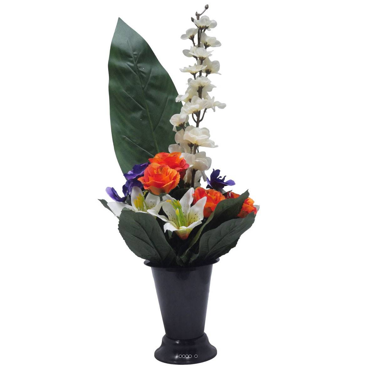 Artificielles - Pot Cone de fleurs artificielles de Rose, Lys, pensée, Delphinium Orange - Toussaint - couleur: Orange - Imagen 2