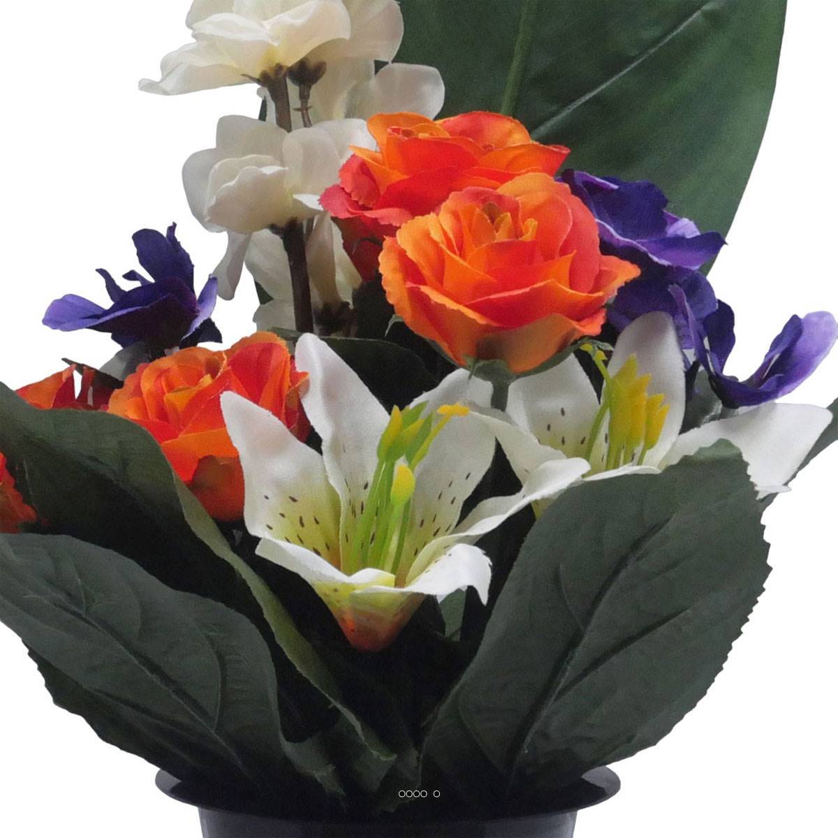 Artificielles - Pot Cone de fleurs artificielles de Rose, Lys, pensée, Delphinium Orange - Toussaint - couleur: Orange - Imagen 3