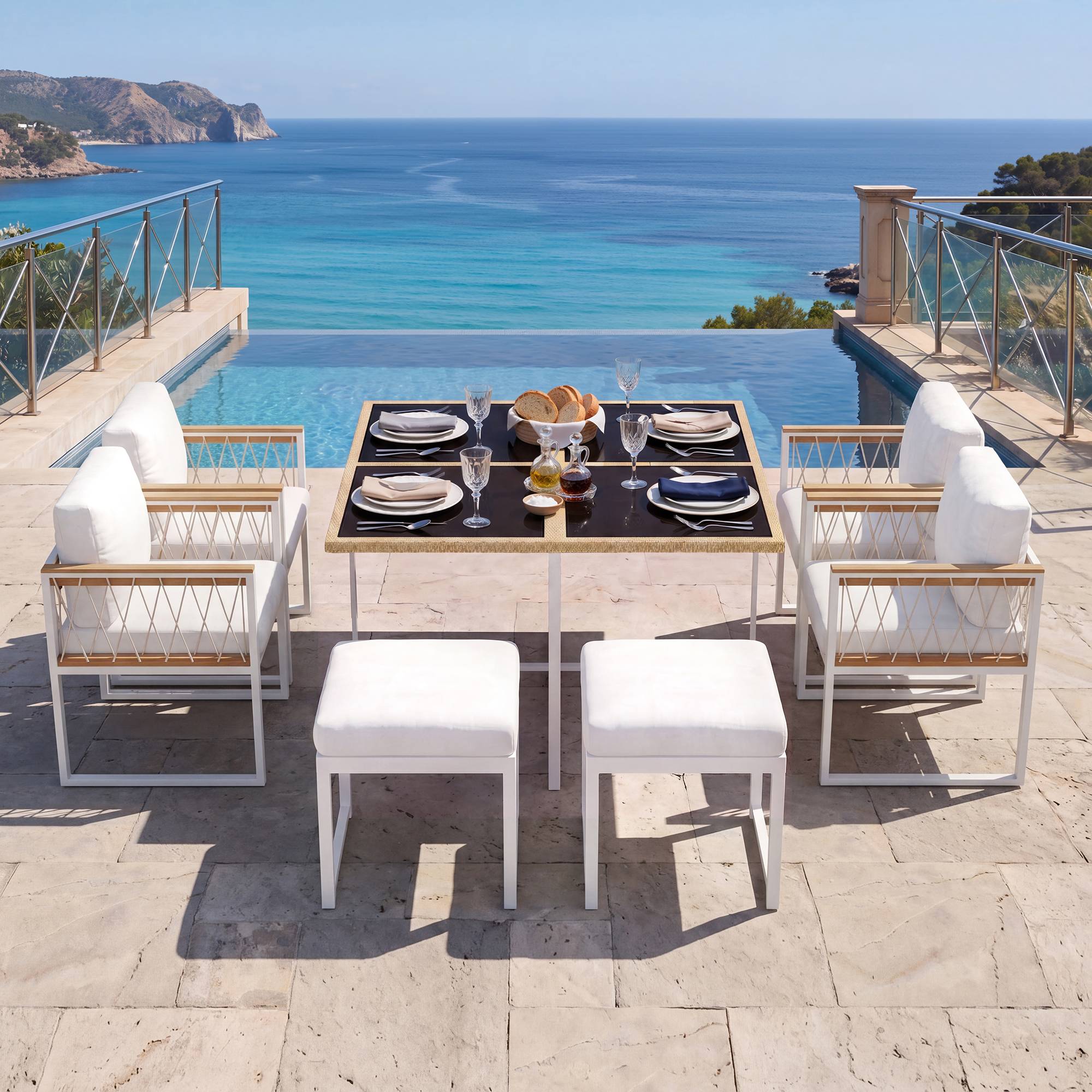 Salon de Jardin avec 1 Table 4 Fauteuils et 2 Repose-pieds pour 6 personnes Tissu Naturel Blanc - Image 4