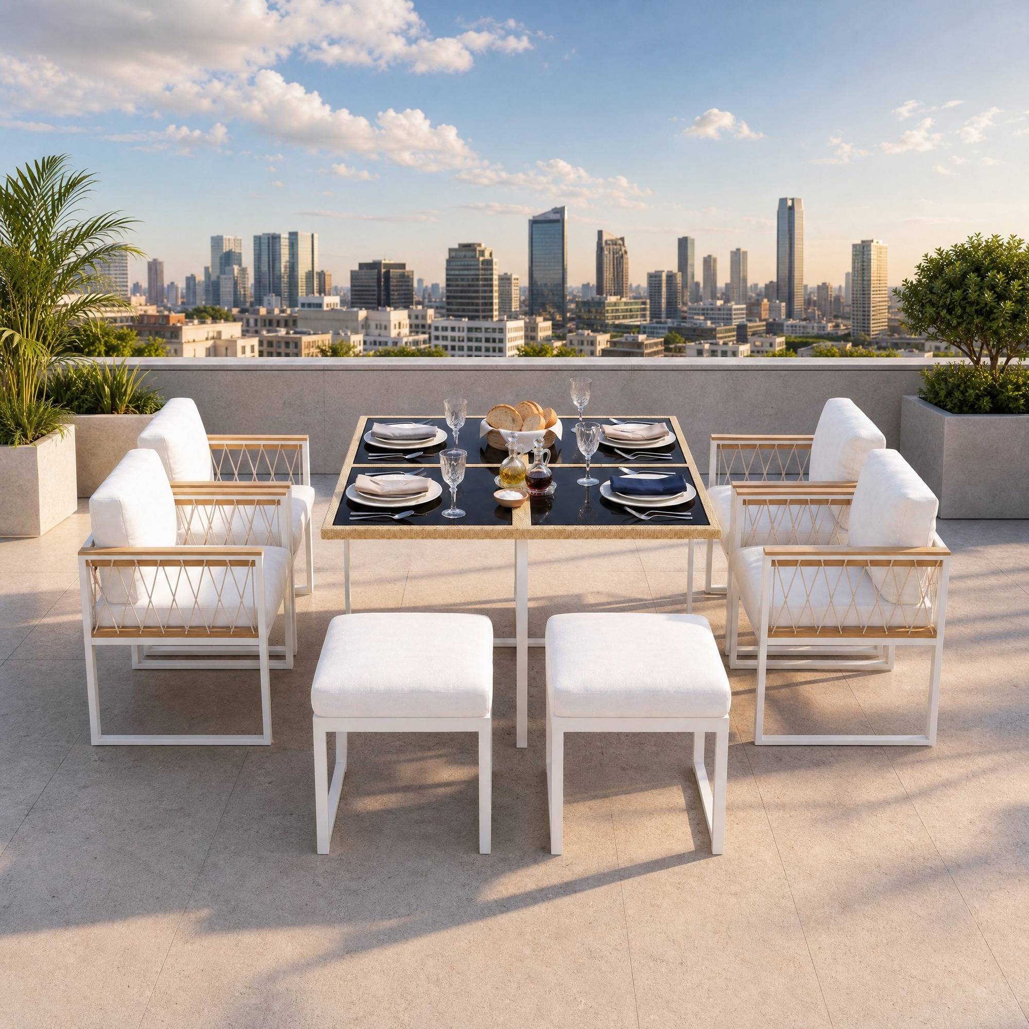 Salon de Jardin avec 1 Table 4 Fauteuils et 2 Repose-pieds pour 6 personnes Tissu Naturel Blanc - Image 2