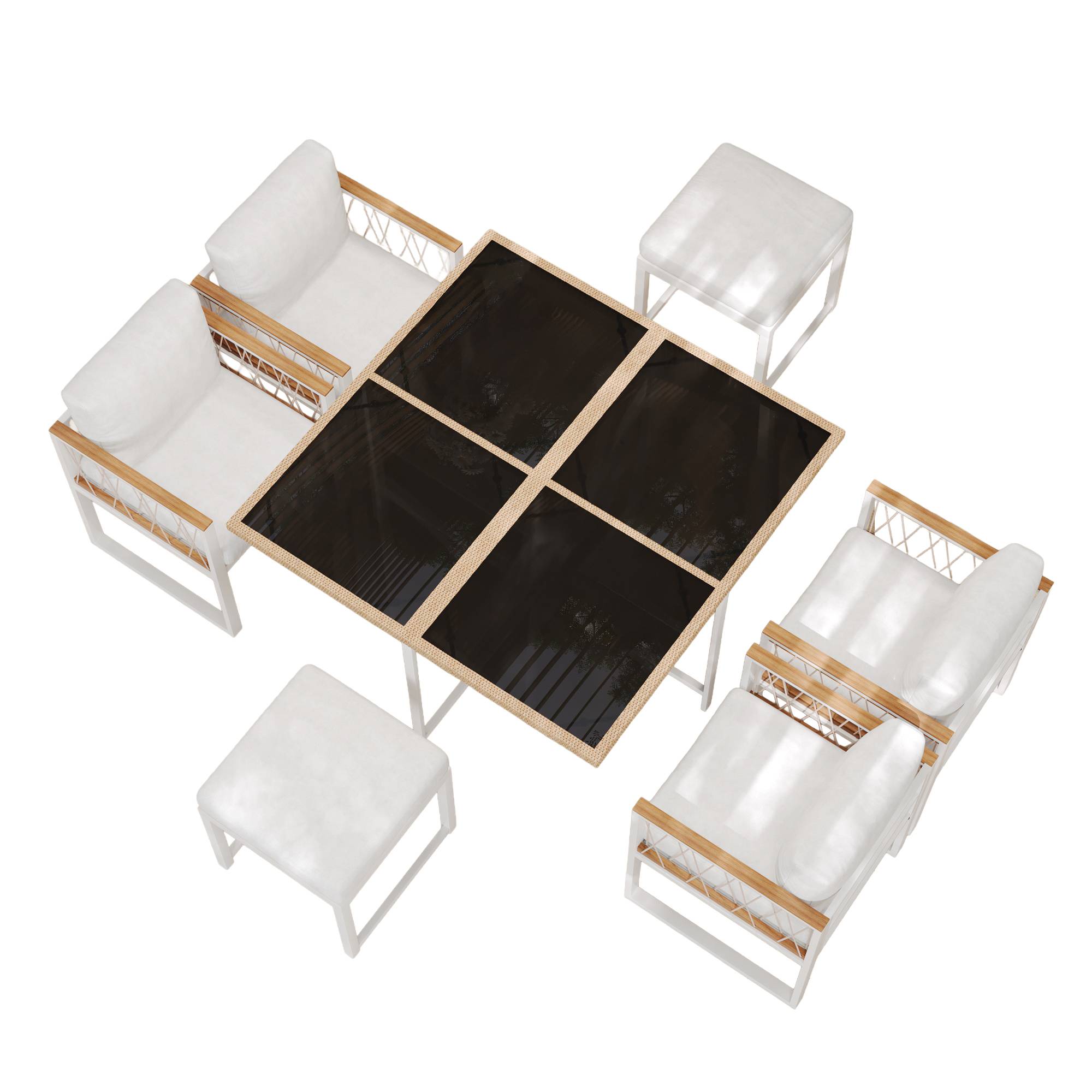 Salon de Jardin avec 1 Table 4 Fauteuils et 2 Repose-pieds pour 6 personnes Tissu Naturel Blanc - Image 1