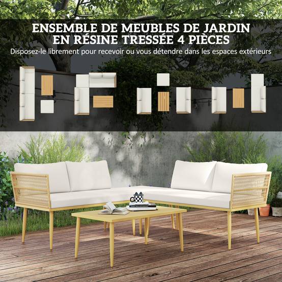 Salon de jardin extérieur en résine tressée 4 places - coussins et table ronde en verre, pour terrasse, jardin, marron - Image 6