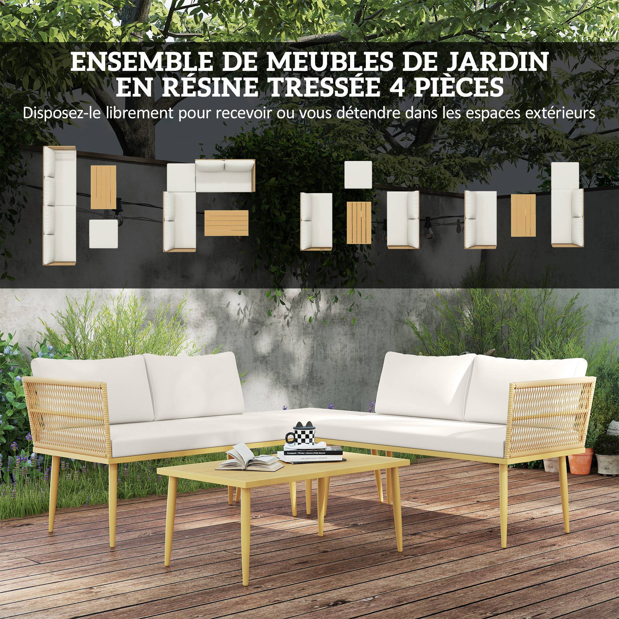 Salon de jardin extérieur en résine tressée 4 places - coussins et table ronde en verre, pour terrasse, jardin, marron - Image 6