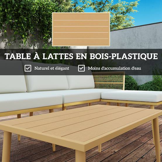 Salon de jardin extérieur en résine tressée 4 places - coussins et table ronde en verre, pour terrasse, jardin, marron - Image 9
