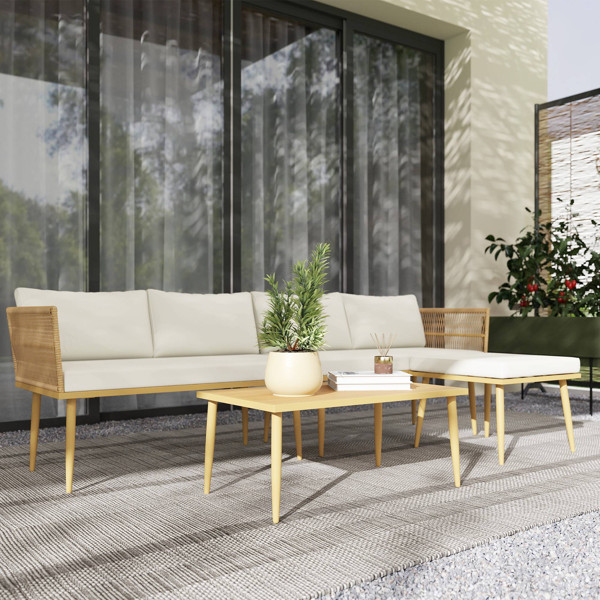 Salon de jardin extérieur en résine tressée 4 places - coussins et table ronde en verre, pour terrasse, jardin, marron - Image 4