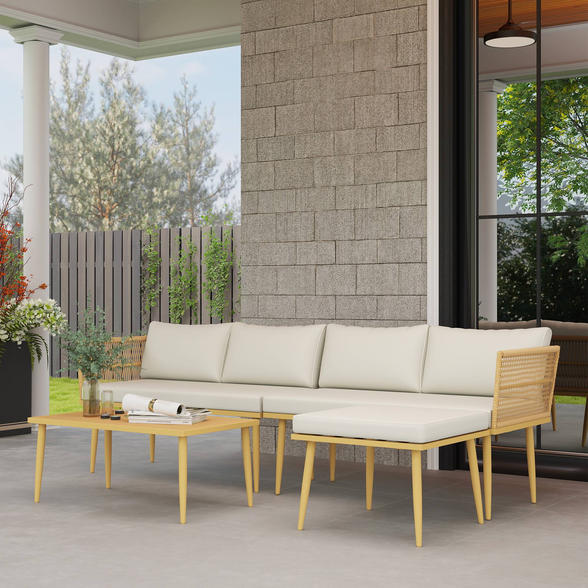 Salon de jardin extérieur en résine tressée 4 places - coussins et table ronde en verre, pour terrasse, jardin, marron - Image 3