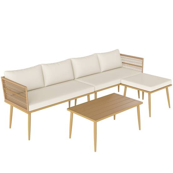 Salon de jardin extérieur en résine tressée 4 places - coussins et table ronde en verre, pour terrasse, jardin, marron - Image 1