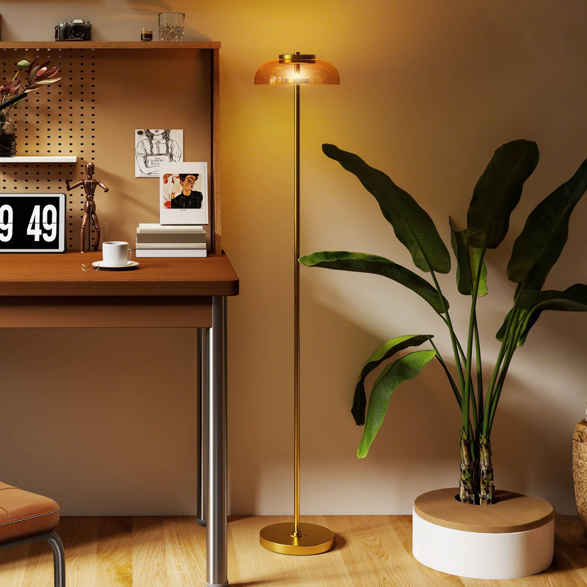 Lampadaire LED pour salon, éclairage blanc chaud 3000 K, interrupteur au pied, 25 x 25 x 134 cm, laiton - Image 3