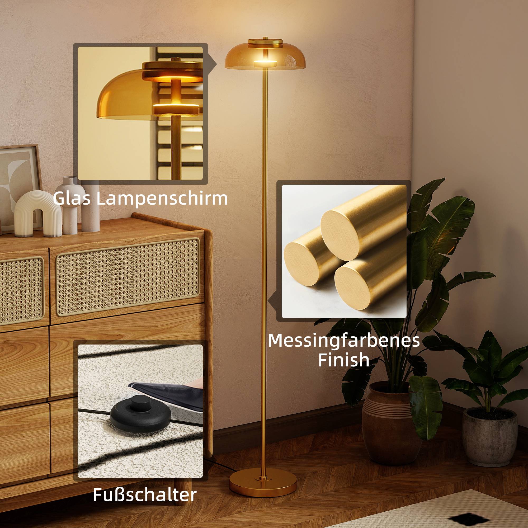 Lampadaire LED pour salon, éclairage blanc chaud 3000 K, interrupteur au pied, 25 x 25 x 134 cm, laiton - Image 7