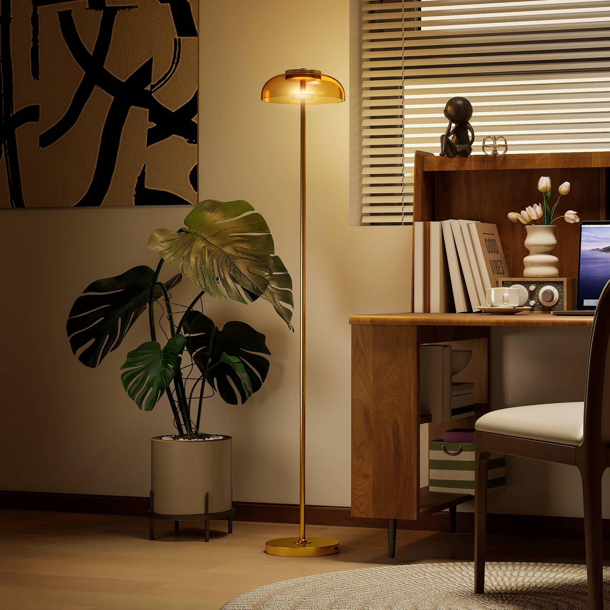 Lampadaire LED pour salon, éclairage blanc chaud 3000 K, interrupteur au pied, 25 x 25 x 134 cm, laiton - Image 9