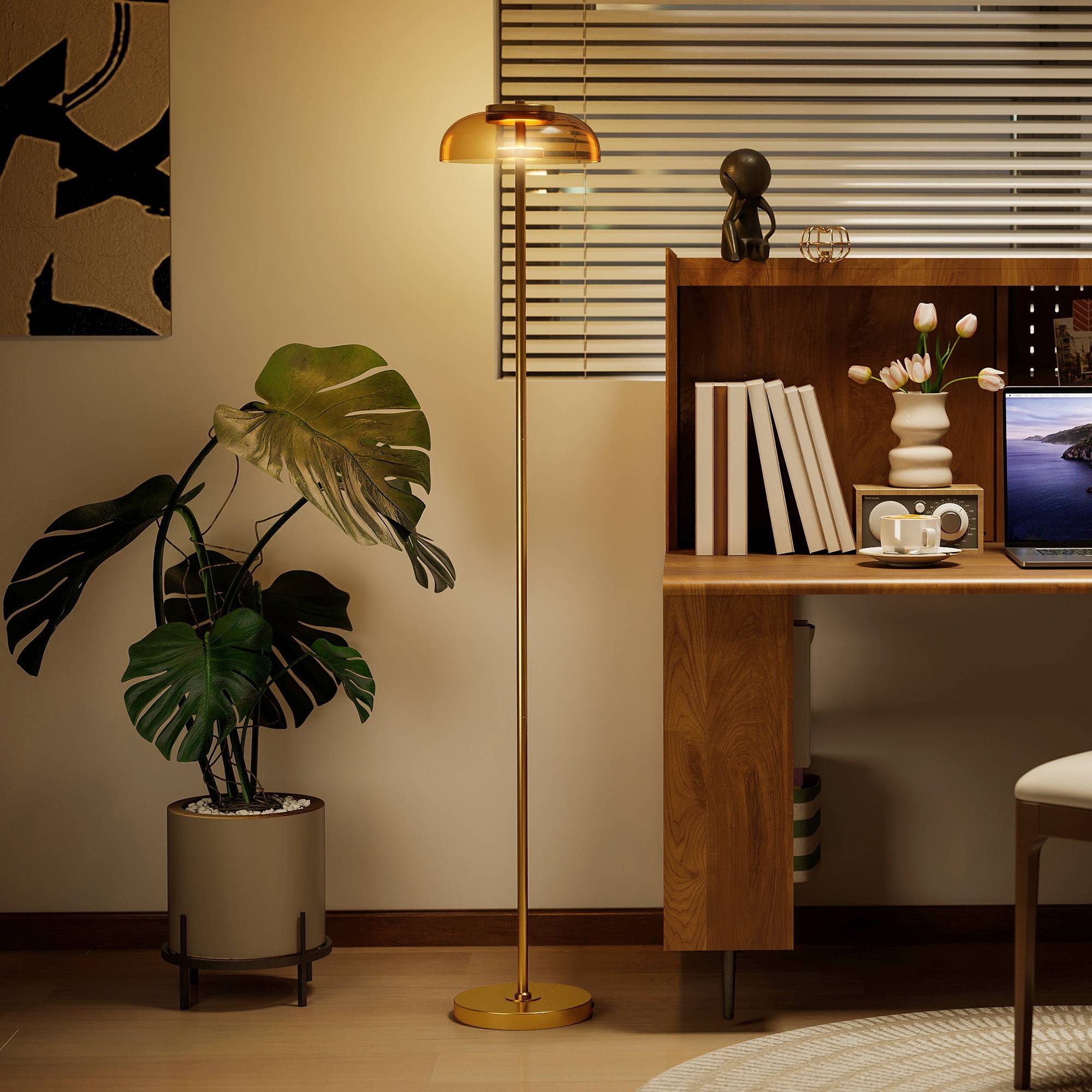 Lampadaire LED pour salon, éclairage blanc chaud 3000 K, interrupteur au pied, 25 x 25 x 134 cm, laiton - Image 4