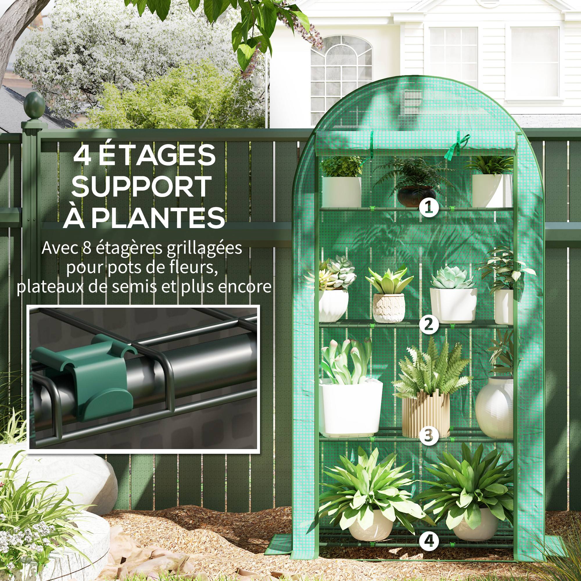 Serre de jardin serre de balcon avec étagères à 4 niveaux, bâche en PE pour légumes, plantes,105 x 45 x 160 cm, vert - Image 7