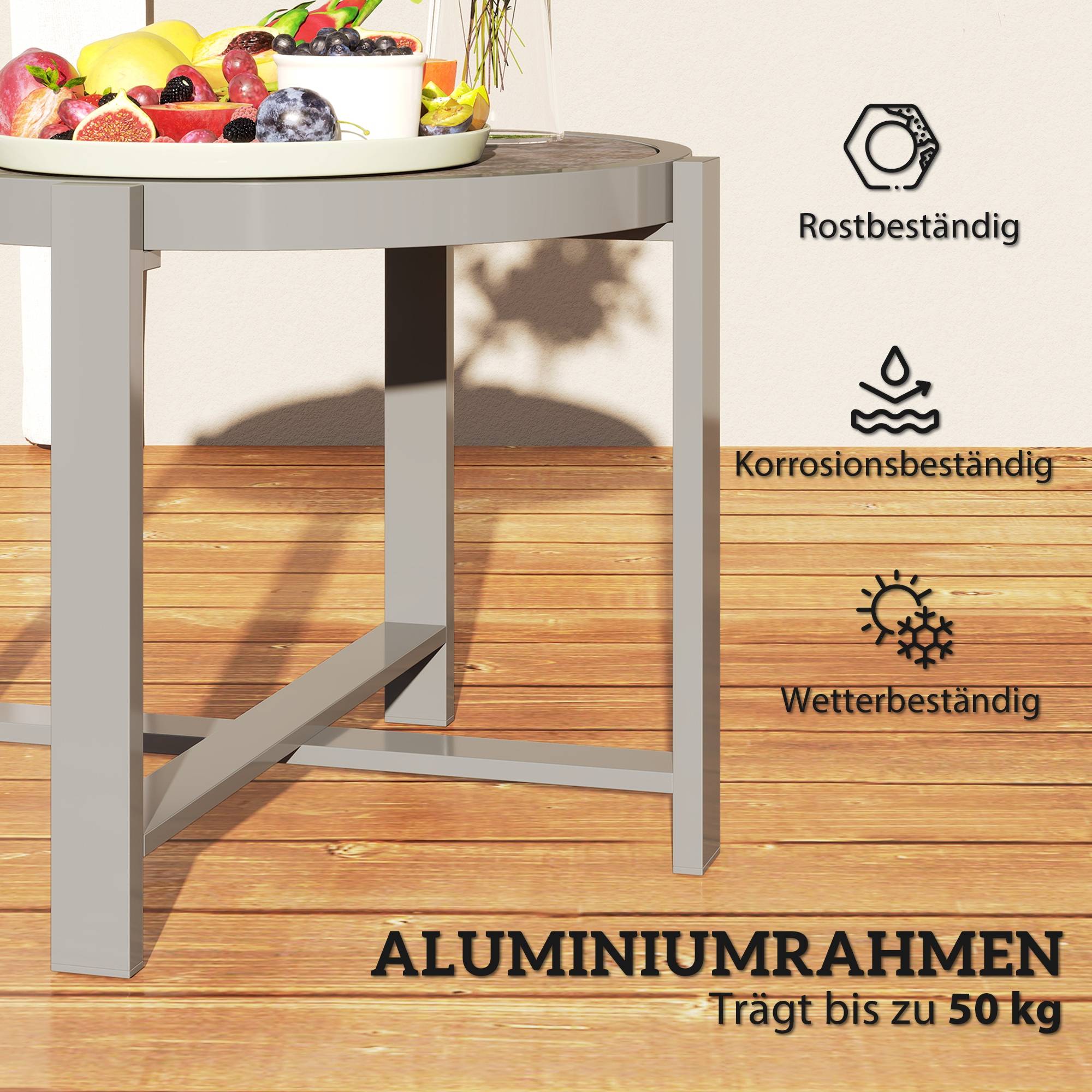 Table d’appoint ronde en aluminium aspect marbre, résistante aux intempéries pour jardin et balcon, couleur grise - Image 6