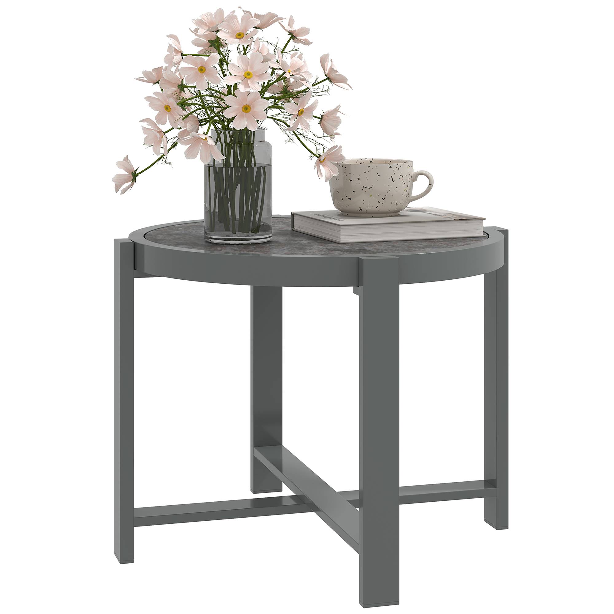 Table d’appoint ronde en aluminium aspect marbre, résistante aux intempéries pour jardin et balcon, couleur grise