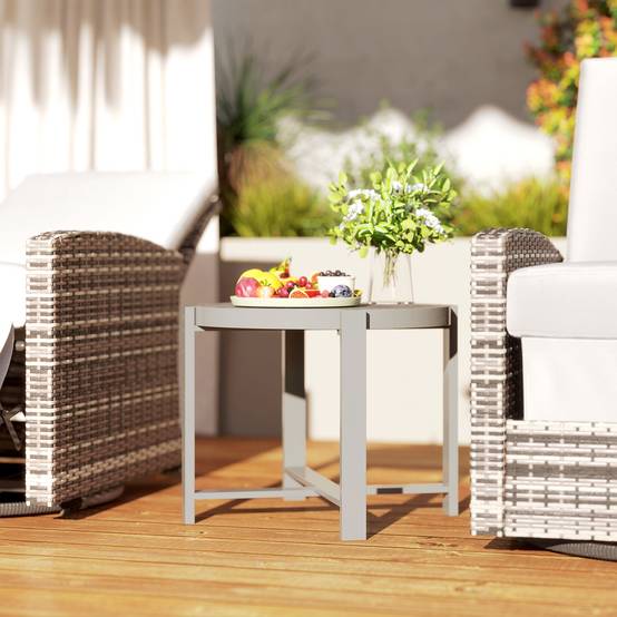 Table d’appoint ronde en aluminium aspect marbre, résistante aux intempéries pour jardin et balcon, couleur grise - Image 9