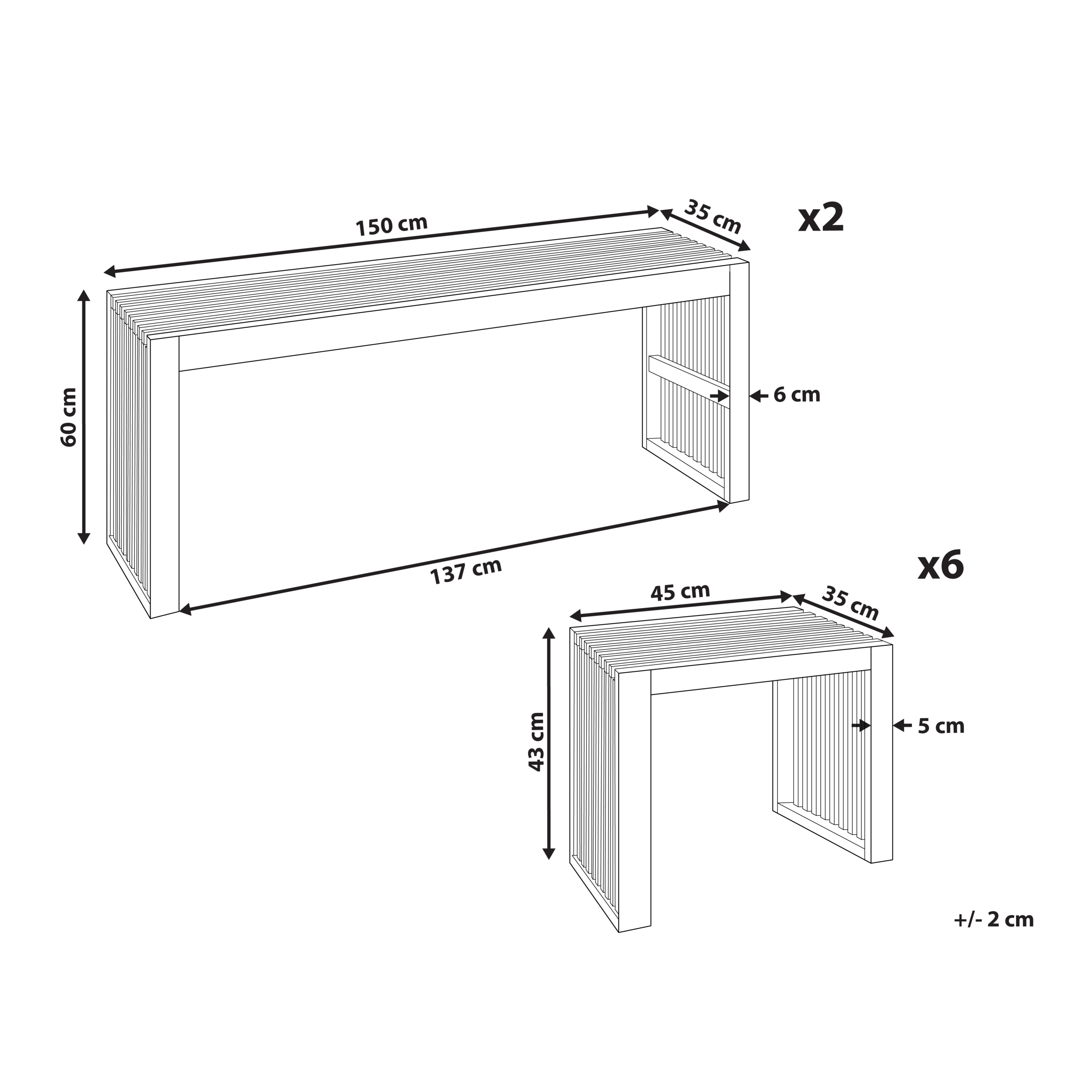 Beliani - Set de salle à manger, 6 Personnes Acacia Marron BELLANO - 150x35x60- Beliani - Imagen 3