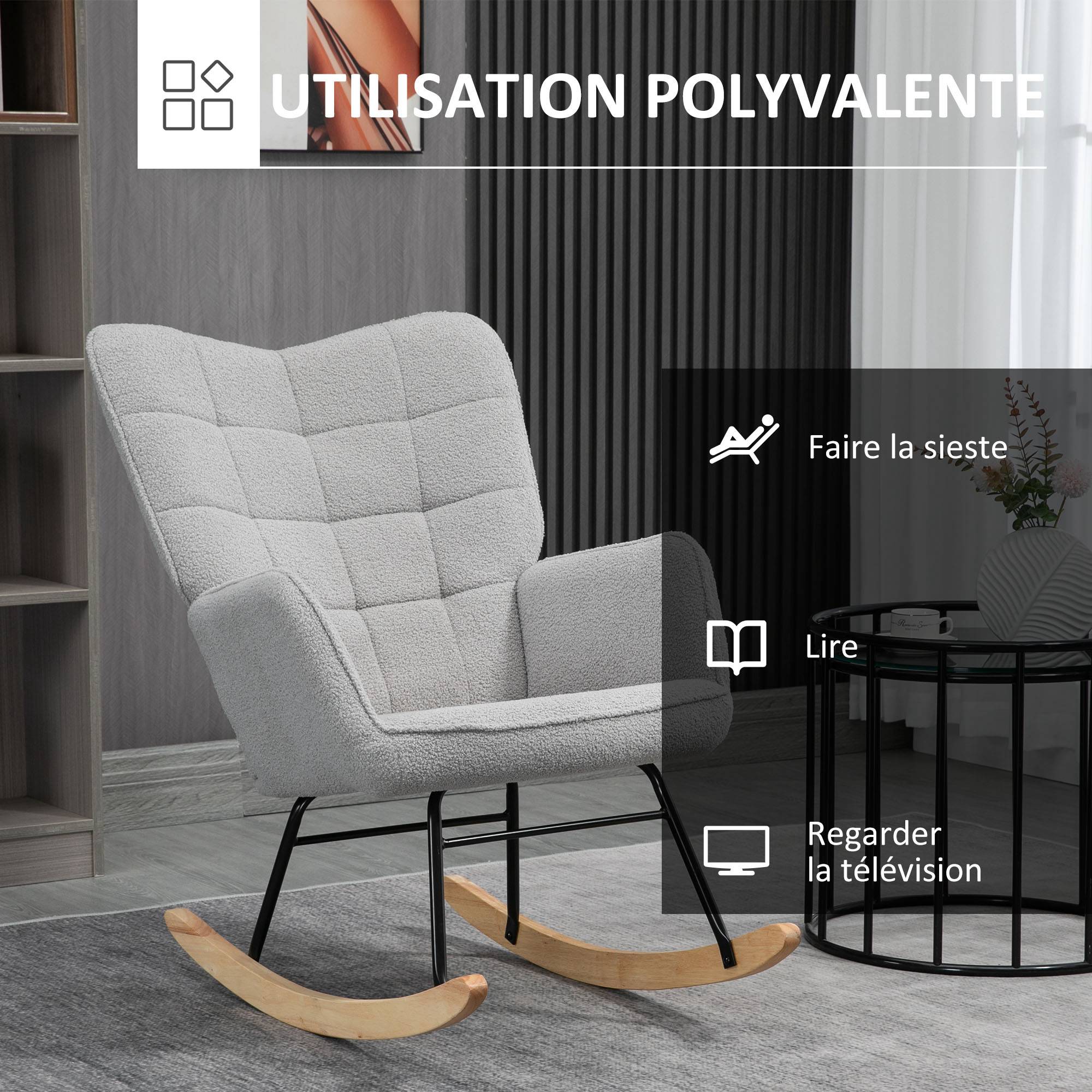 Fauteuil à bascule rocking chair revêtement bouclette structure en acier 71 x 98 x 101 cm Gris clair - Image 8