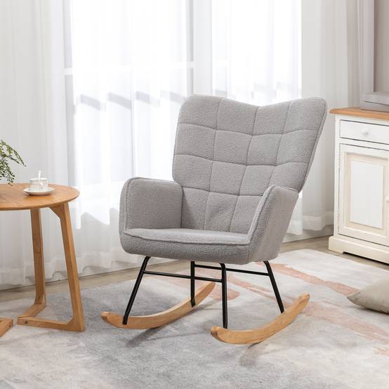 Fauteuil à bascule rocking chair revêtement bouclette structure en acier 71 x 98 x 101 cm Gris clair - Image 3