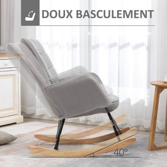 Fauteuil à bascule rocking chair revêtement bouclette structure en acier 71 x 98 x 101 cm Gris clair - Image 6