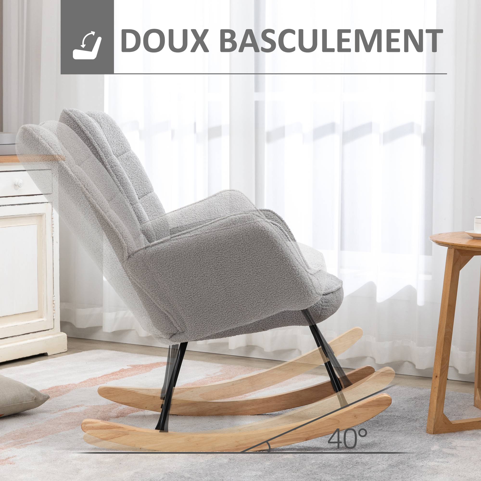 Fauteuil à bascule rocking chair revêtement bouclette structure en acier 71 x 98 x 101 cm Gris clair - Image 6